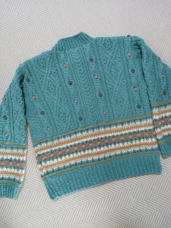 アランと編込み模様のターコイズブルーカーディガン 4枚目の画像