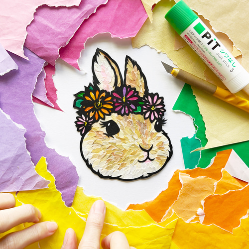 ちぎり絵×切り絵】原画アート 『ra-bit（花冠うさぎ）』 絵画 紙の