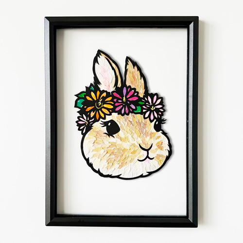 ちぎり絵×切り絵】原画アート 『ra-bit（花冠うさぎ）』 絵画 紙の