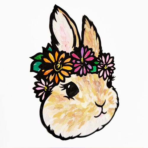 ちぎり絵×切り絵】原画アート 『ra-bit（花冠うさぎ）』 絵画 紙の