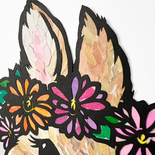 ちぎり絵×切り絵】原画アート 『ra-bit（花冠うさぎ）』 絵画 紙の