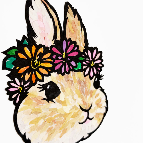 ちぎり絵×切り絵】原画アート 『u-sagi（花冠うさぎ）』 絵画 紙の