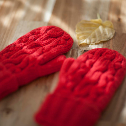 あたたかい・手編み ウール手袋・ミトン＊赤④ レッド＊裏フリース