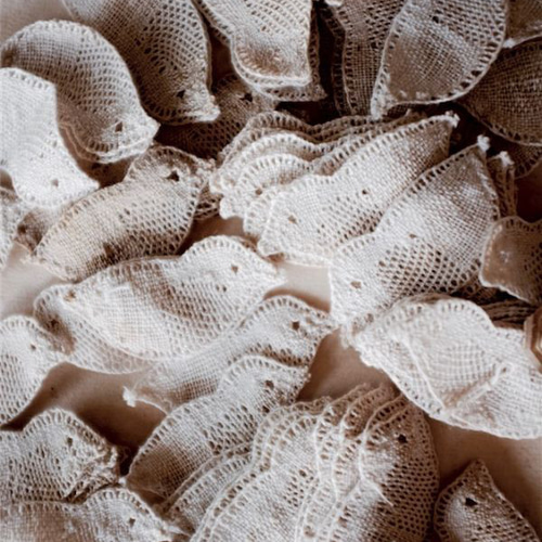 1930s France リネン 白のグリザイユと小鳥とボビンレース