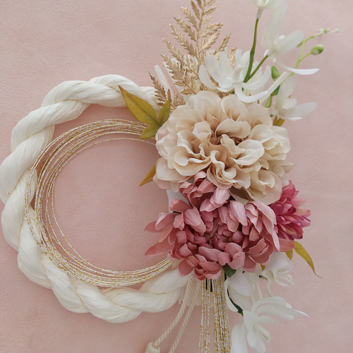 ダリアとマムのしめ縄飾り お正月飾り 和モダン 可憐 玄関飾り 室内