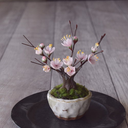 ◇粘土のお花◇ 枯れない梅の木♪ 梅盆栽 白 U1112 アートフラワー Old
