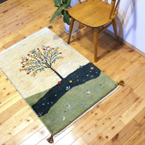 ペルシャ　ギャッベ 玄関　85×57 緑　ザクロの木 ペルシャ ギャッベ 玄関マット ラグ 85x57㎝ 緑色 ザクロの木 RJ14918