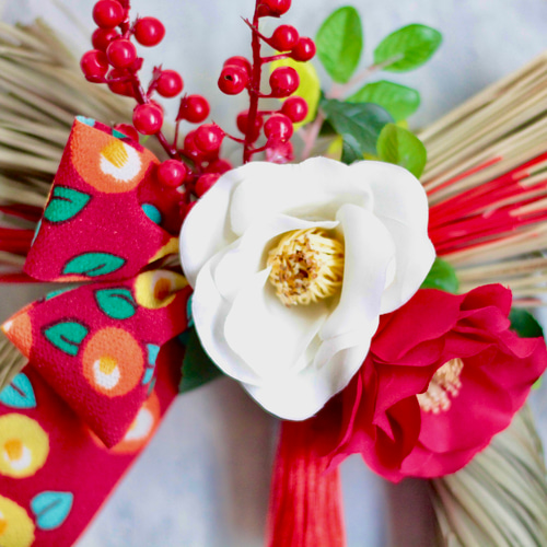 紅白つばき造花のねじりしめ縄飾り しめ縄・しめ飾り ミセルデコ 通販