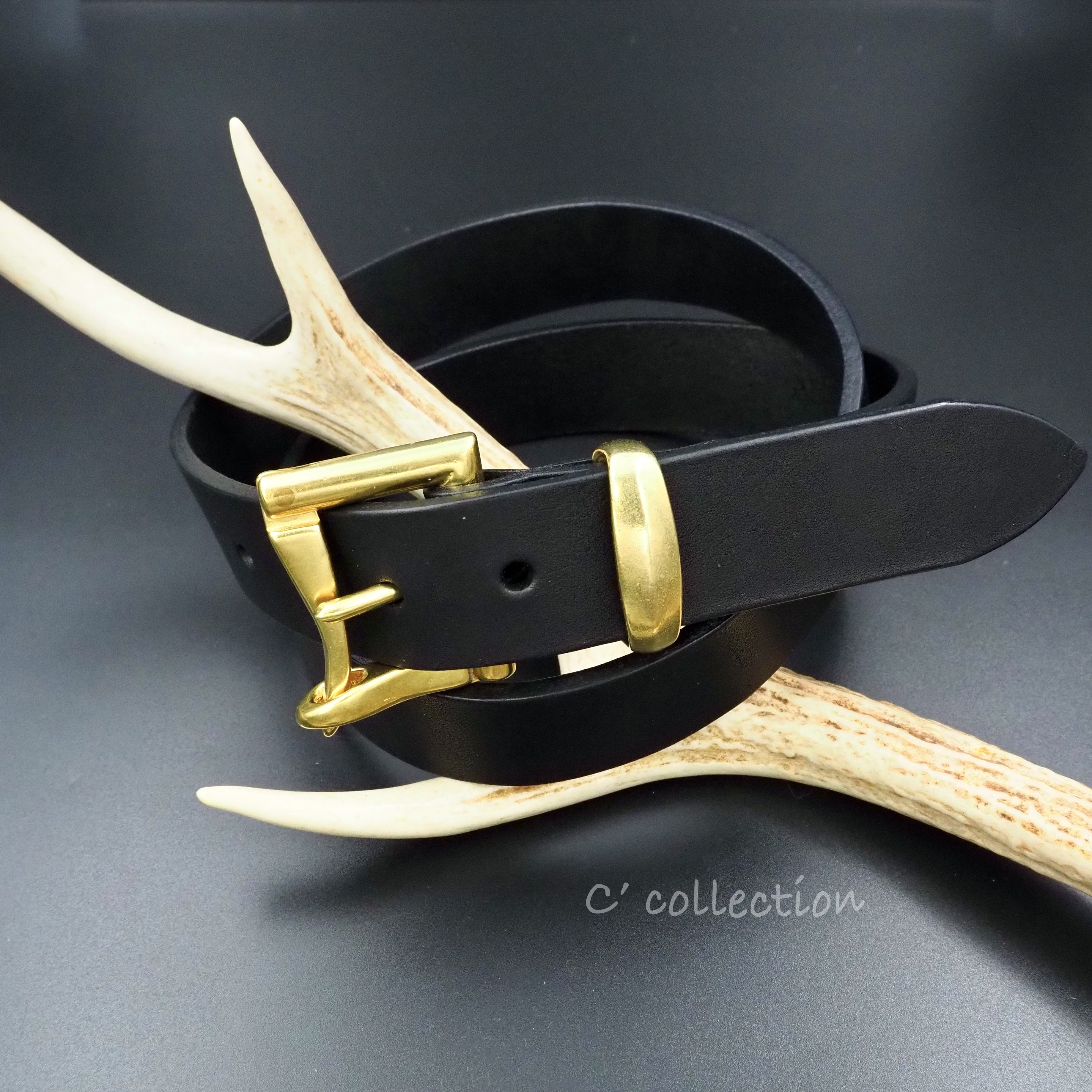 Belt-29 クイックリバース　レザーベルト 巾35mm ブラックx真鍮 ファイヤーマンバックル レザーベルト