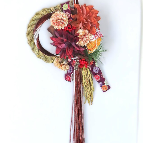 しめ縄 2026 〜 絢 ～ダリアと 茶褐色と白金の夢眩水引飾りの夢飾り