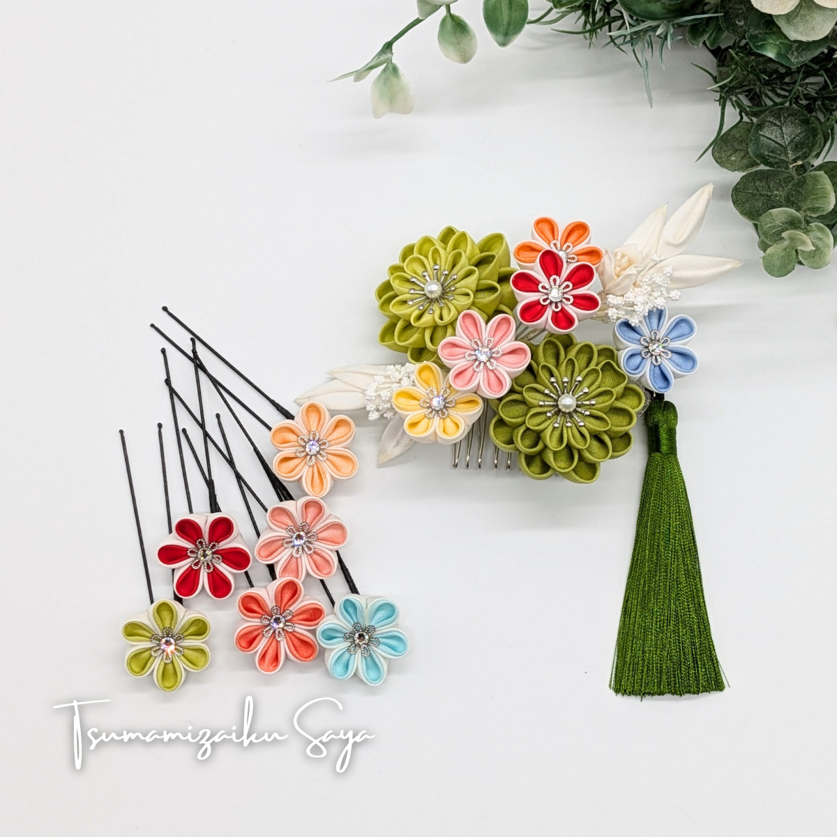 つまみ細工 髪飾り 成人式用髪飾り 前撮り タッセル 緑  卒業式 grn-2
