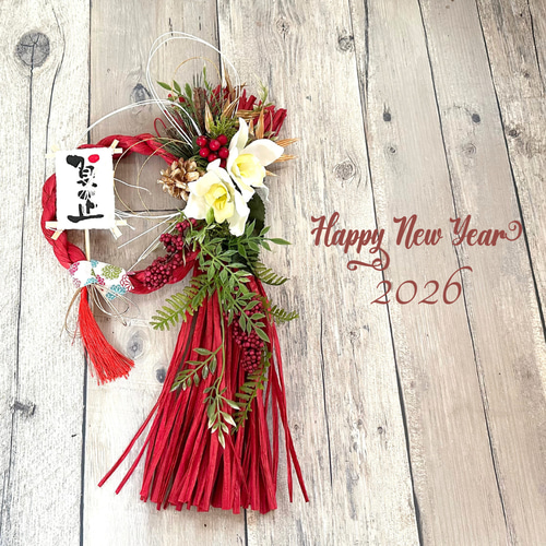 正月飾り しめ縄 造花リース 2026】ピンクローズのしめ縄リース / しめ飾り お正月飾り しめ縄