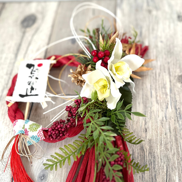 正月飾り しめ縄 造花リース No.340 ピンポンマムのナチュラルスワッグしめ縄リース2025