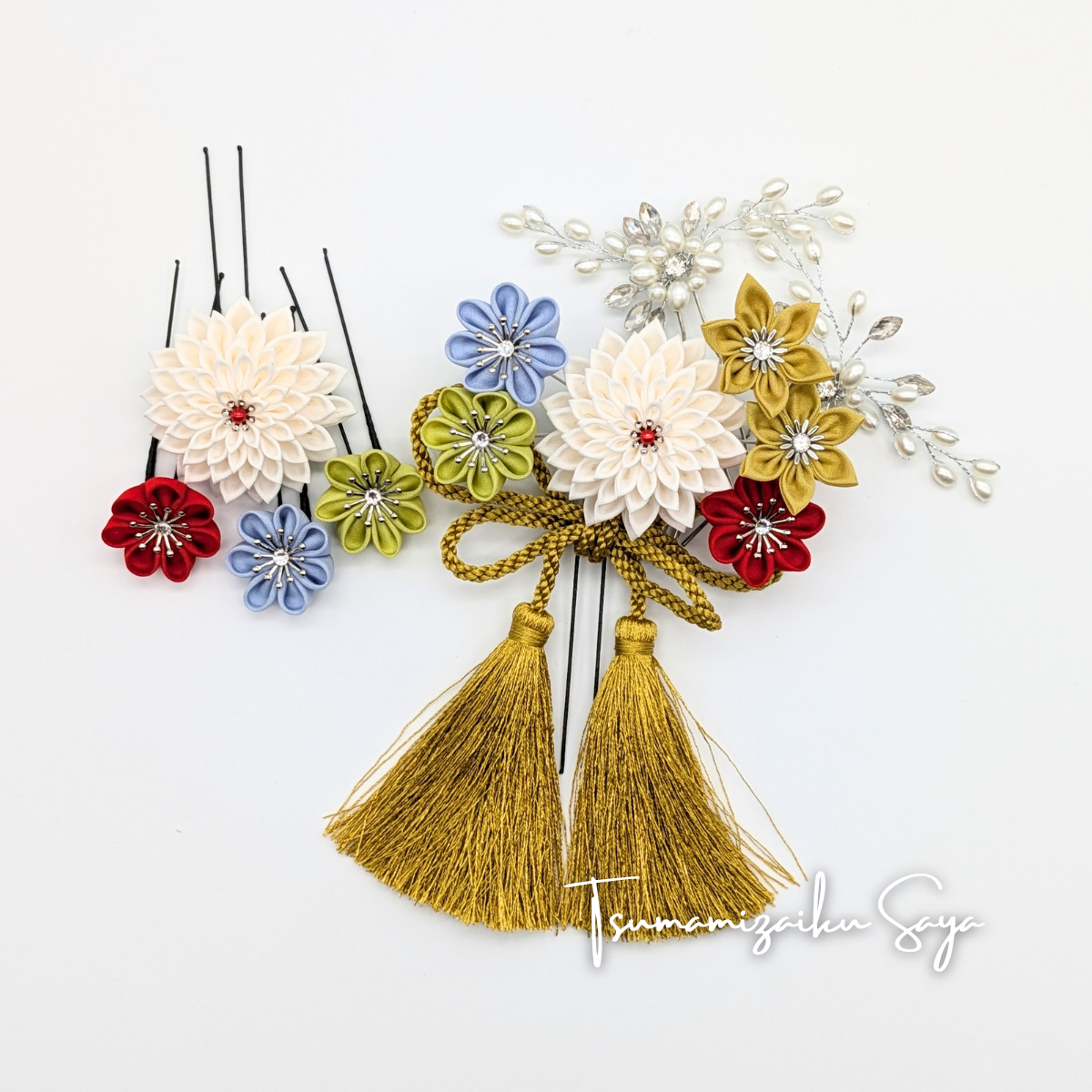 つまみ細工 髪飾り 成人式用髪飾り 前撮り タッセル 和装  卒業式 col-1