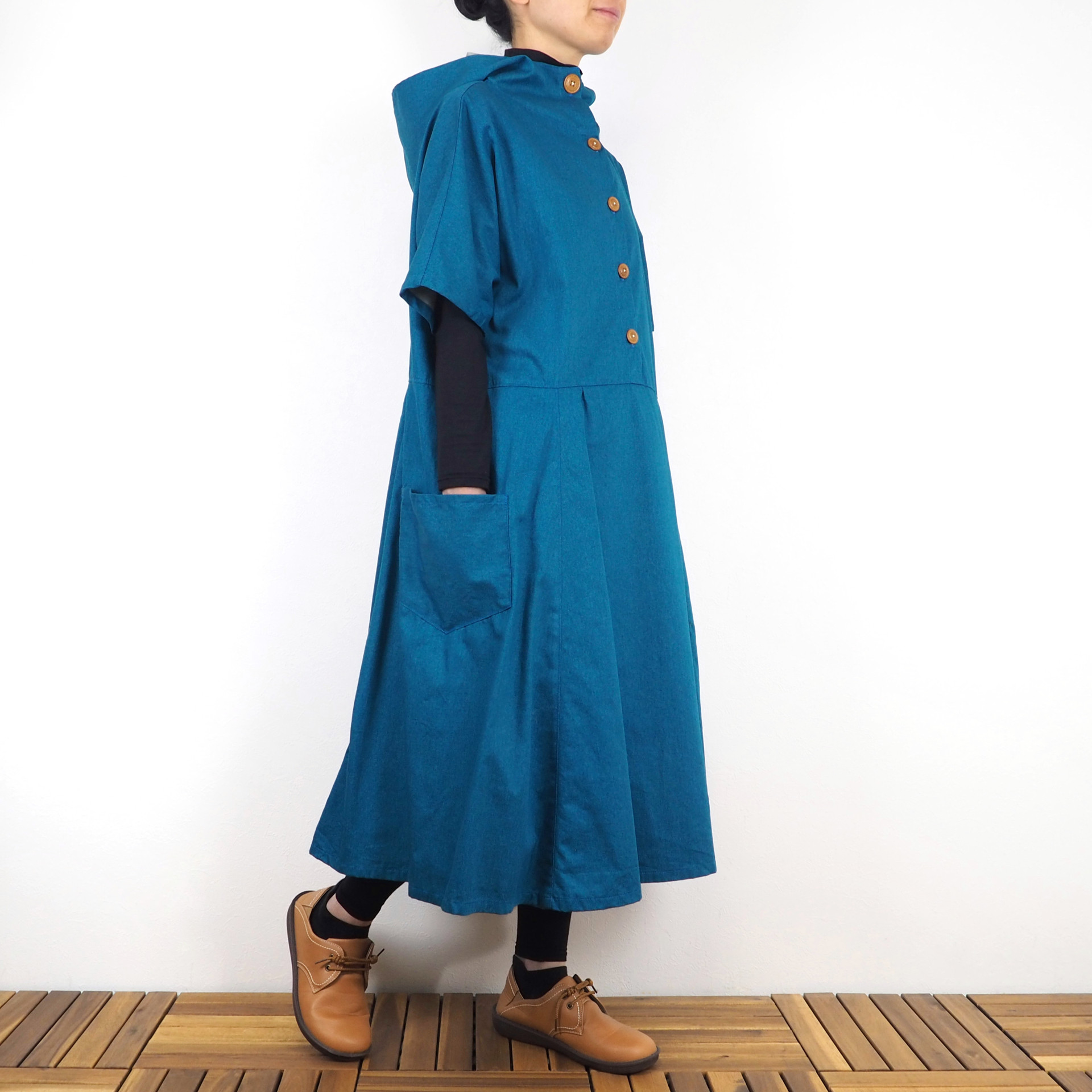 Hinamiフードワンピース（綿オックス ブルー）【受注生産対応】