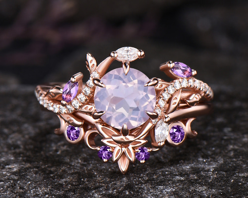 ユニークなリーフリング ムーンリング 2月の誕生石 天然ラベンダー