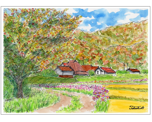 絵画「里山は実りの秋」　水彩画 水彩画 風景画「里山は実りの秋」 真作｜Yahoo!フリマ（旧PayPay