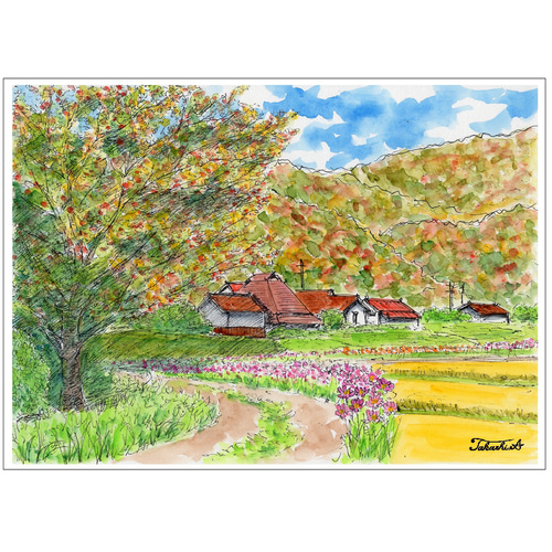原画一点物 「里山の秋」 ＜ペンスケッチ＋透明水彩＞ 絵画 Takashi.A