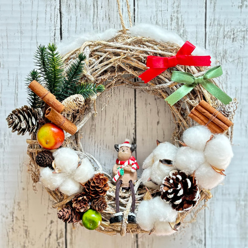 コットン付　トナカイリース　クリスマスリース 感謝価格】リース おしゃれ 可愛い 人気 造花 天然素材 木の実