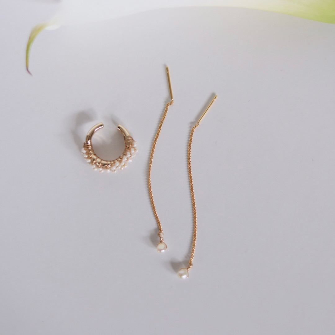 14kgfピアス　プレゼント アレルギー対応 金アレ対応 イヤーカフセット チェーンピアス