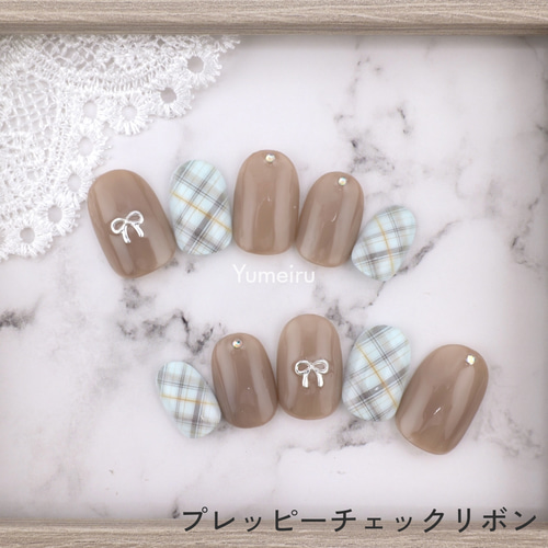 プレッピーチェックリボン◇ネイルチップ ネイルチップ（つけ爪