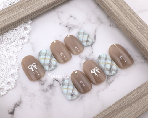 チェックリボン ネイルチップ 5cd8be9675b7fc634a6f2be65d5a7d