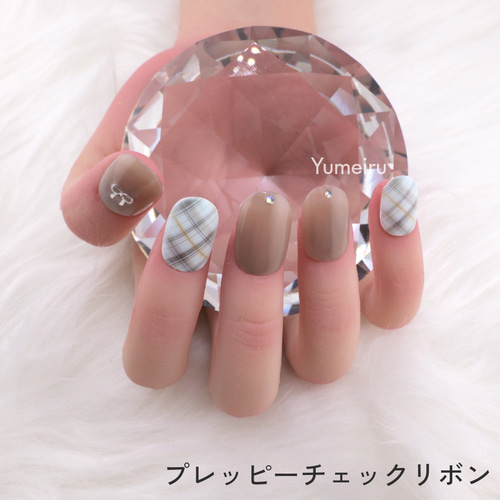 チェックリボン ネイルチップ ボルドーチェック リボンネイルチップ｜Yahoo!フリマ（旧PayPay