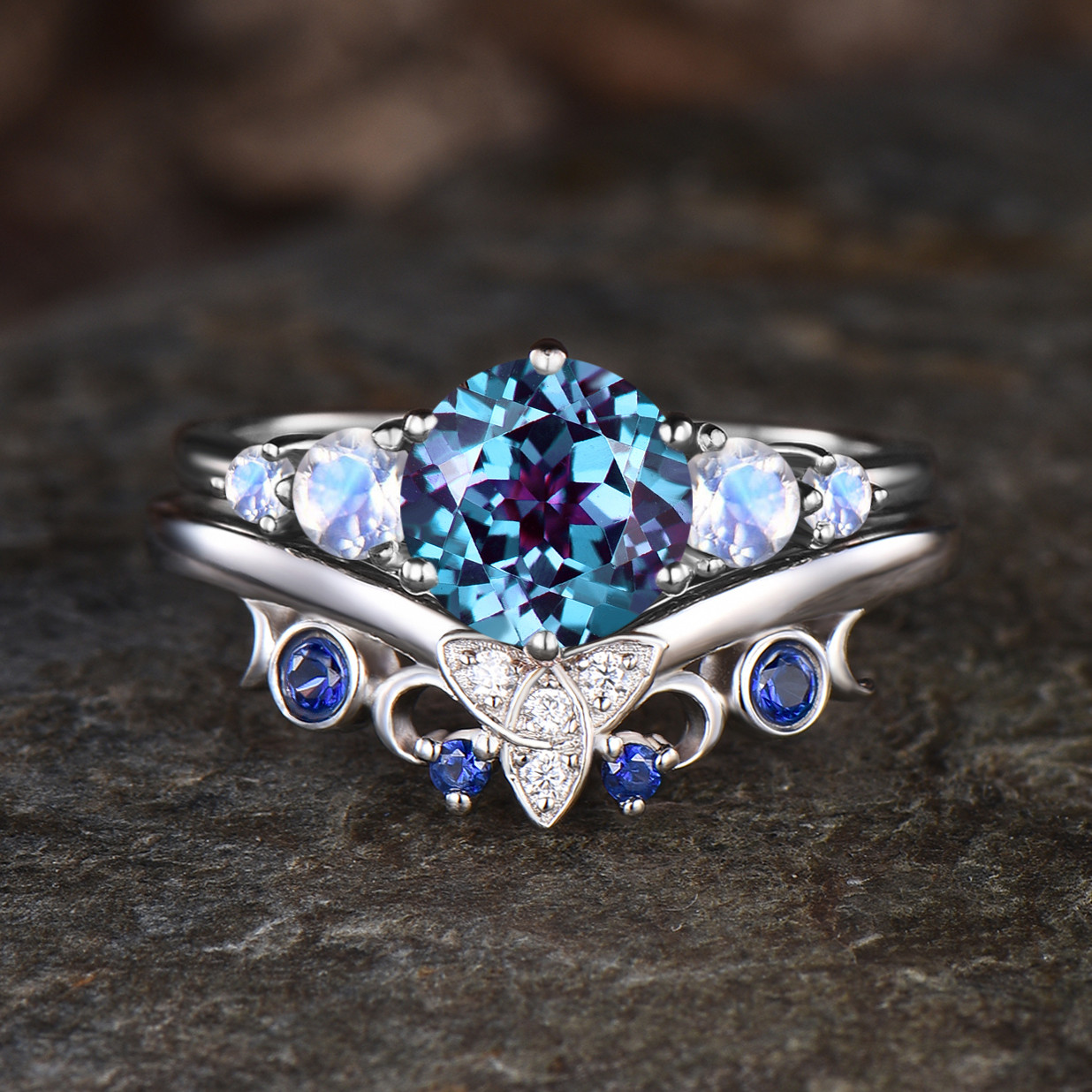 6月の誕生石アレキサンドライトリングセット 天然ムーンストーンリング