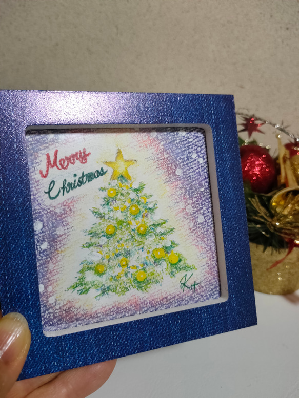 雪とクリスマスツリー:原画（油性色鉛筆画） 絵画 ハンドメイド