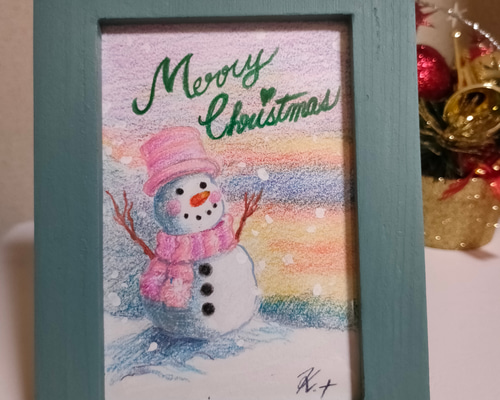 雪だるま:原画（油性色鉛筆画） 絵画 ハンドメイド雑貨あろま