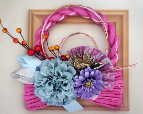 お正月しめ縄リース手作りキット(パッションピンク&水引) しめ縄