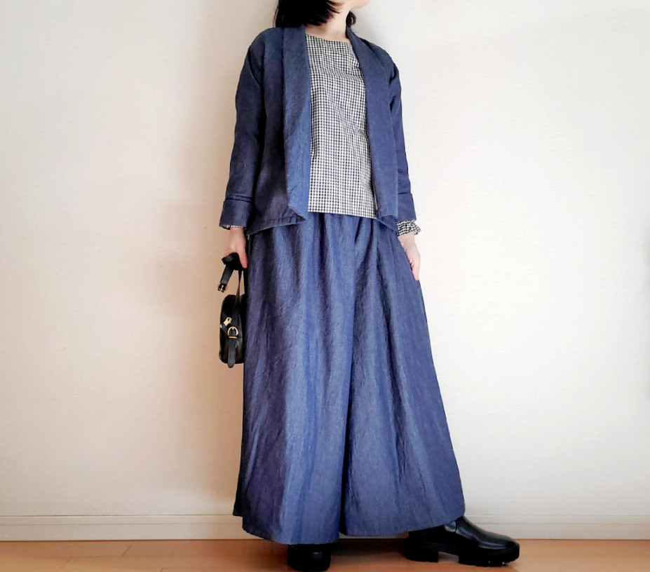 着回せる♡岡山デニム♡ゆったりなのにすっきり見えて楽ちん♪大人の柔らかジャケットwool &cotton セットアップも