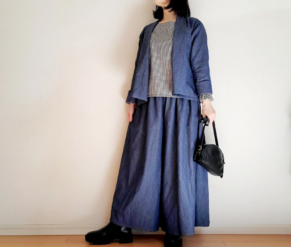 着回せる♡岡山デニム♡ゆったりなのにすっきり見えて楽ちん♪大人の柔らかジャケットwool &cotton セットアップも
