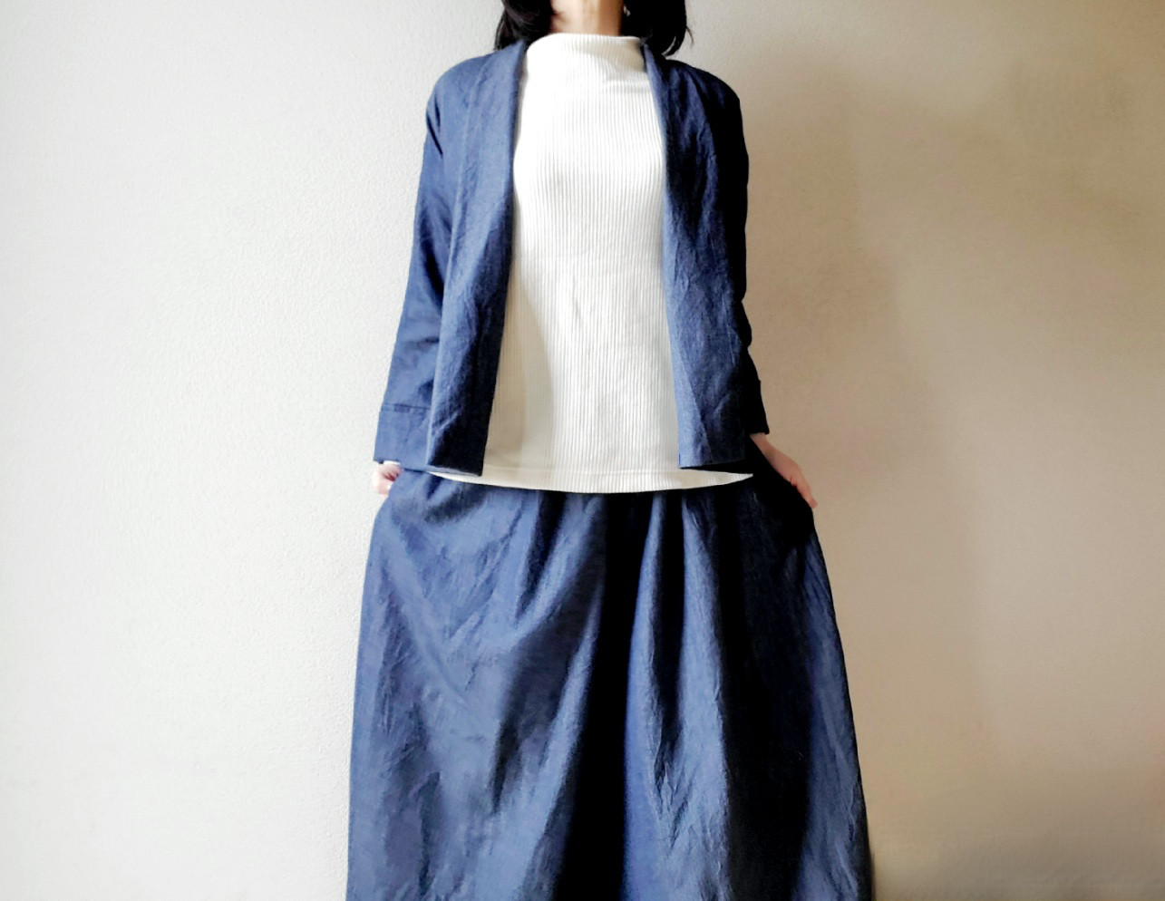 着回せる♡岡山デニム♡ゆったりなのにすっきり見えて楽ちん♪大人の柔らかジャケットwool &cotton セットアップも