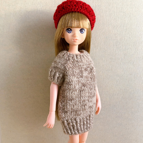 ドール用ニット2点セット】杢ブラウンワンピース& 赤ベレー帽 アウト