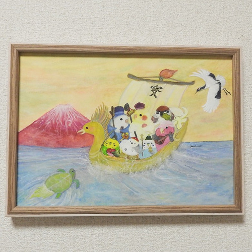 額入り原画A4『七福神インコ』セキセイインコ 鳥 野鳥 お正月 アート