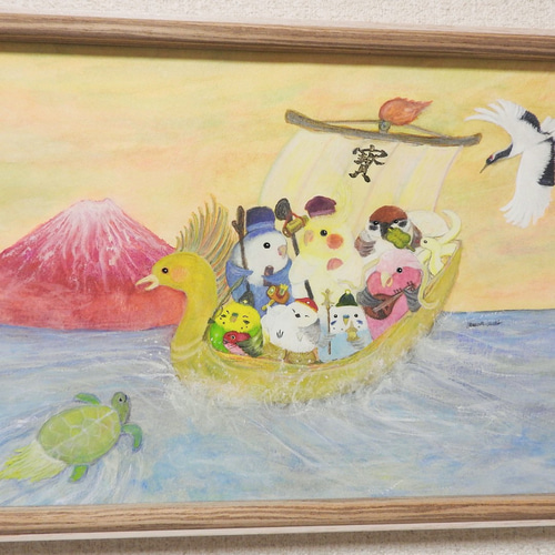 額入り原画A4『七福神インコ』セキセイインコ 鳥 野鳥 お正月 アート