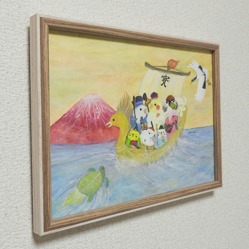 額入り原画A4『七福神インコ』セキセイインコ 鳥 野鳥 お正月 アート