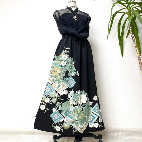 大人可愛いセレブ着物スカートフリーサイズ黒留袖着物リメイク