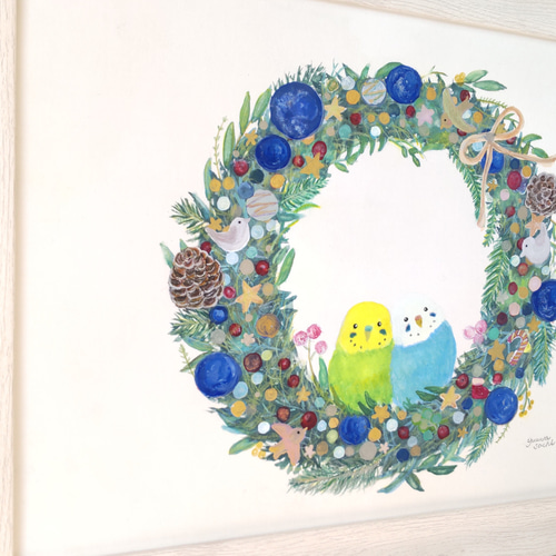 額入り原画A4『インコクリスマスリース』 セキセイインコ 鳥 野鳥