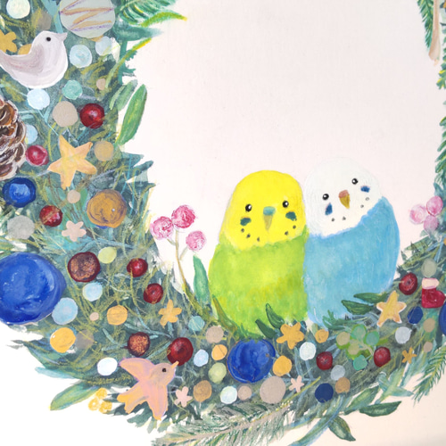 額入り原画A4『インコクリスマスリース』 セキセイインコ 鳥 野鳥