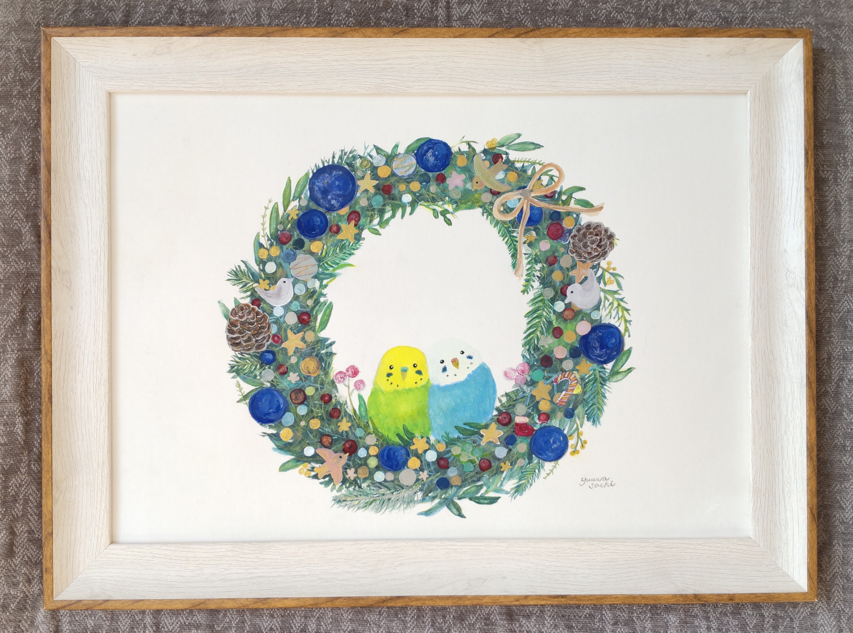 可愛いクリスマスツリーやギフトが！ A4 セキセイインコ 鉛筆画 額装 絵画