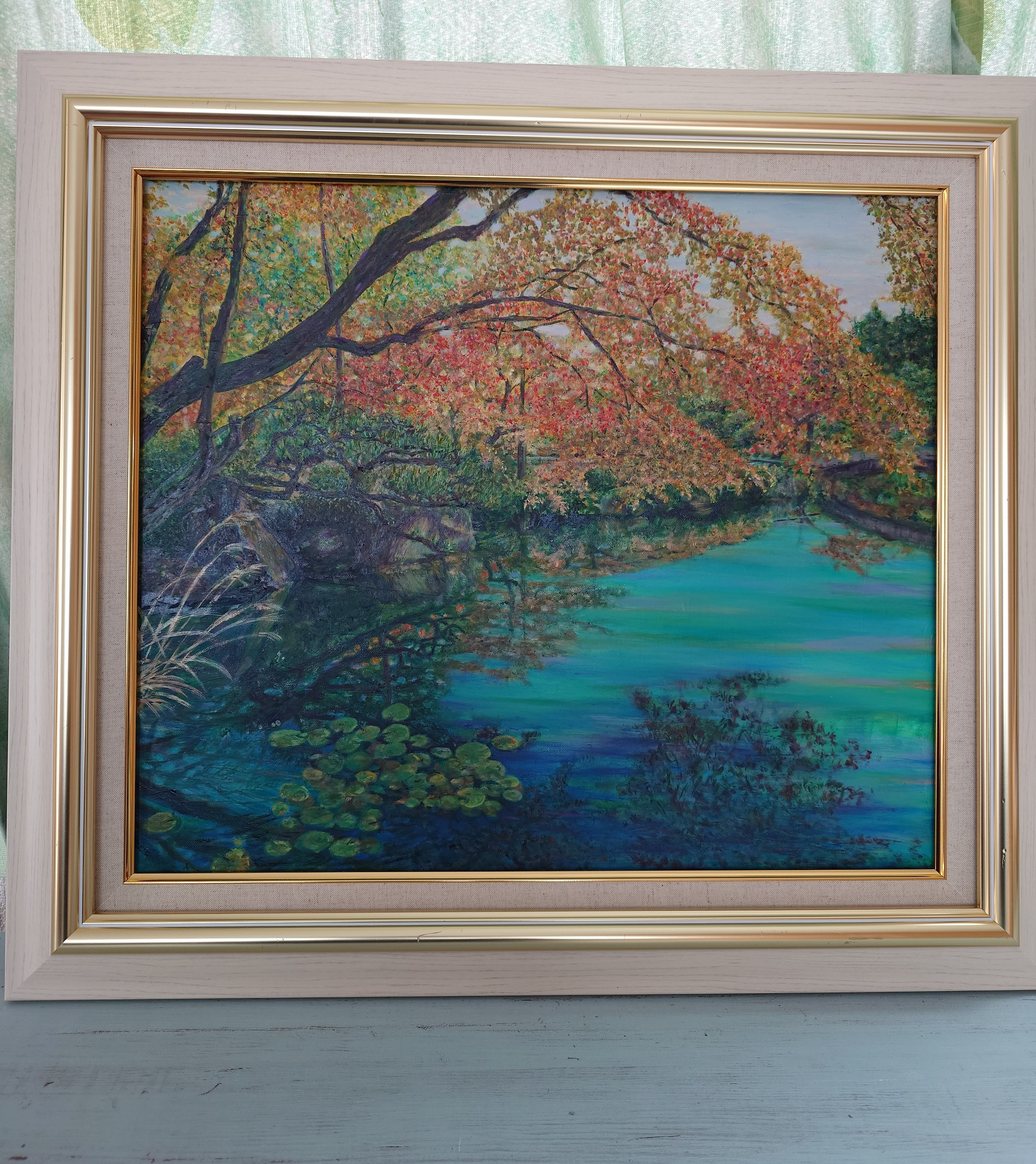 油絵原画『相楽園の秋』（額付き）送料別