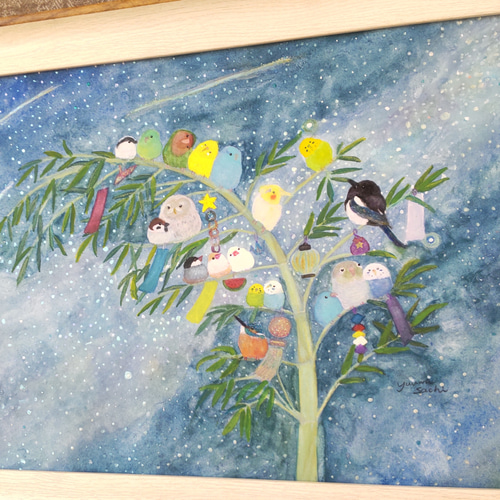 額入り原画A4『七夕インコたち』 セキセイインコ 野鳥 七夕