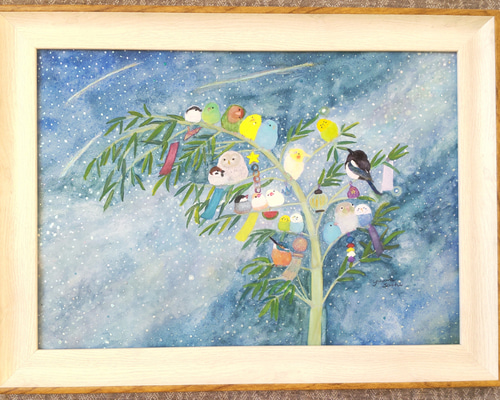 セキセイインコ 鉛筆画 A4 額装 額入り原画A4『七夕インコたち』 セキセイインコ 野鳥 七夕