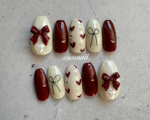 【オーダー】ネイルチップ チェリー ハート ボルドー オーダー】ネイルチップ チェリー ハート ボルドー 秋 ショート