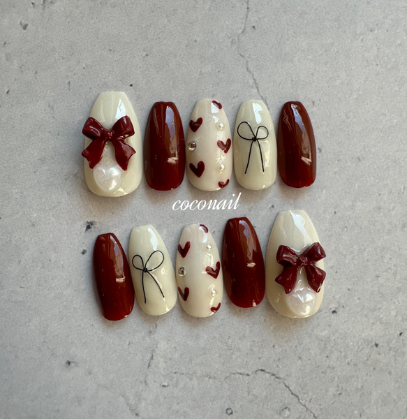 11))フレンチガーリー ネイルチップ ハートネイル ボルドー クリスマスネイル ネイルチップ ボルドーネイル ハートネイル クリスマスネイル ネイル