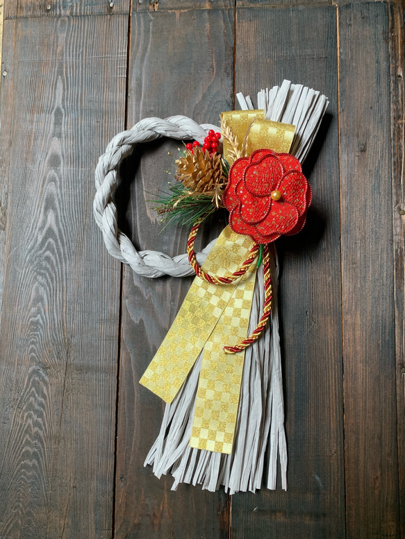 正月飾り しめ縄飾り ワイヤーフラワー グレー 40㎝ その他インテリア