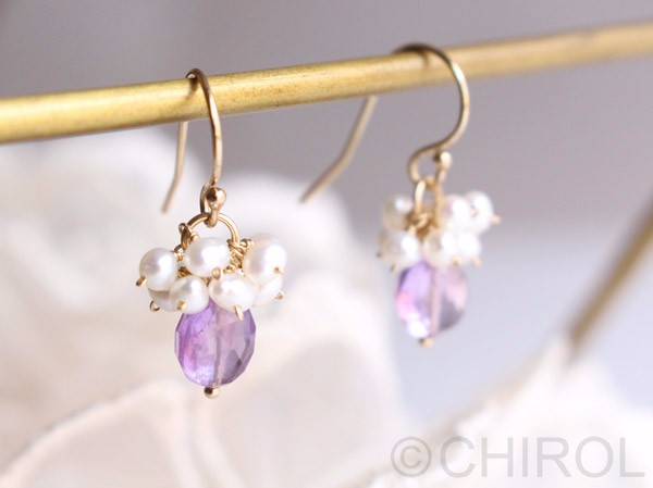 【再販】:●: ピンクアメジスト＋淡水パール:●: ピアス/ 14kgf