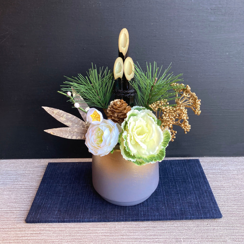 お正月飾り 門松 ハンドメイド 大 ゴールド くすみグレー ダリア 248